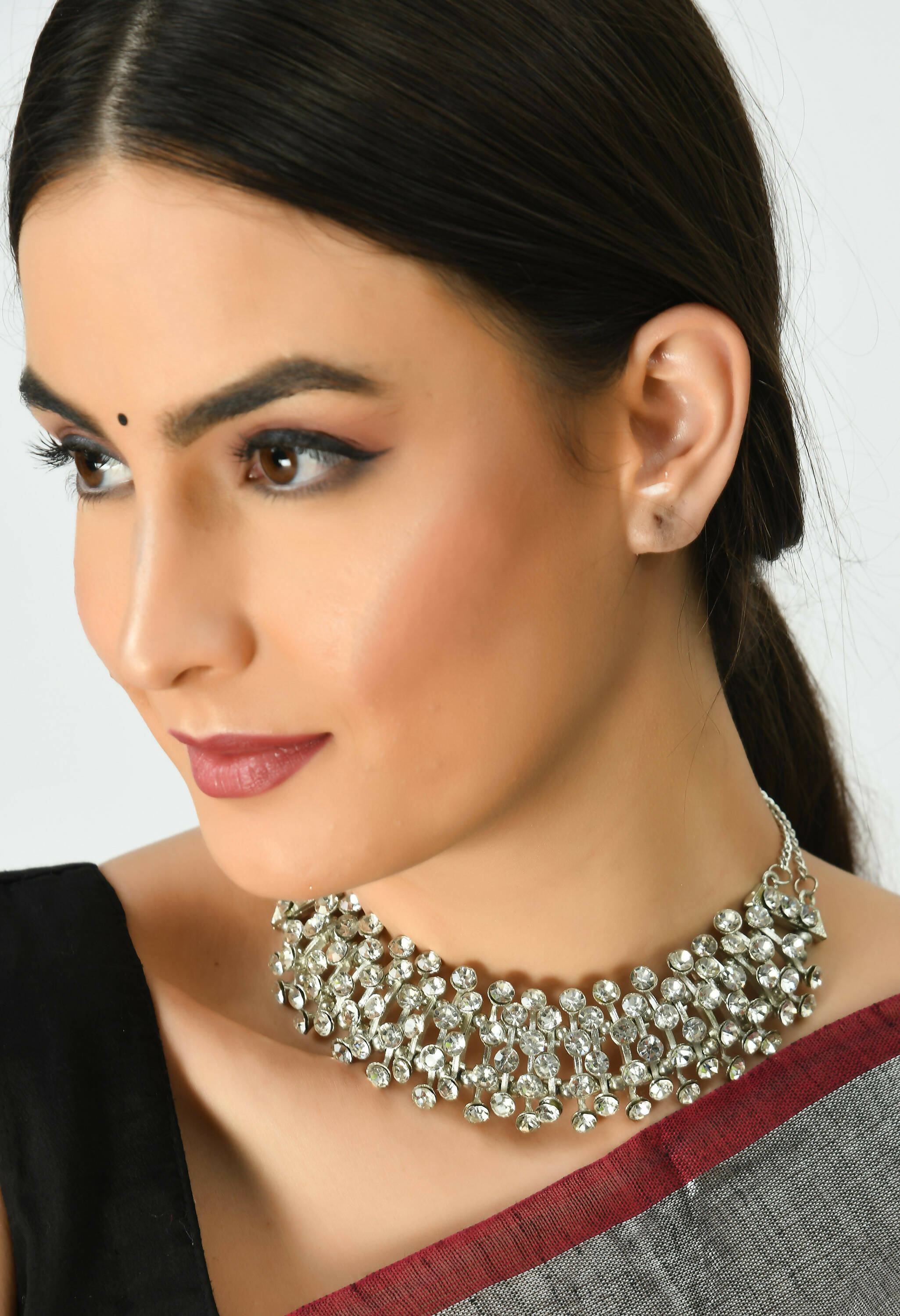 Silver-Plated Kundan Embellished Brass Choker Necklace