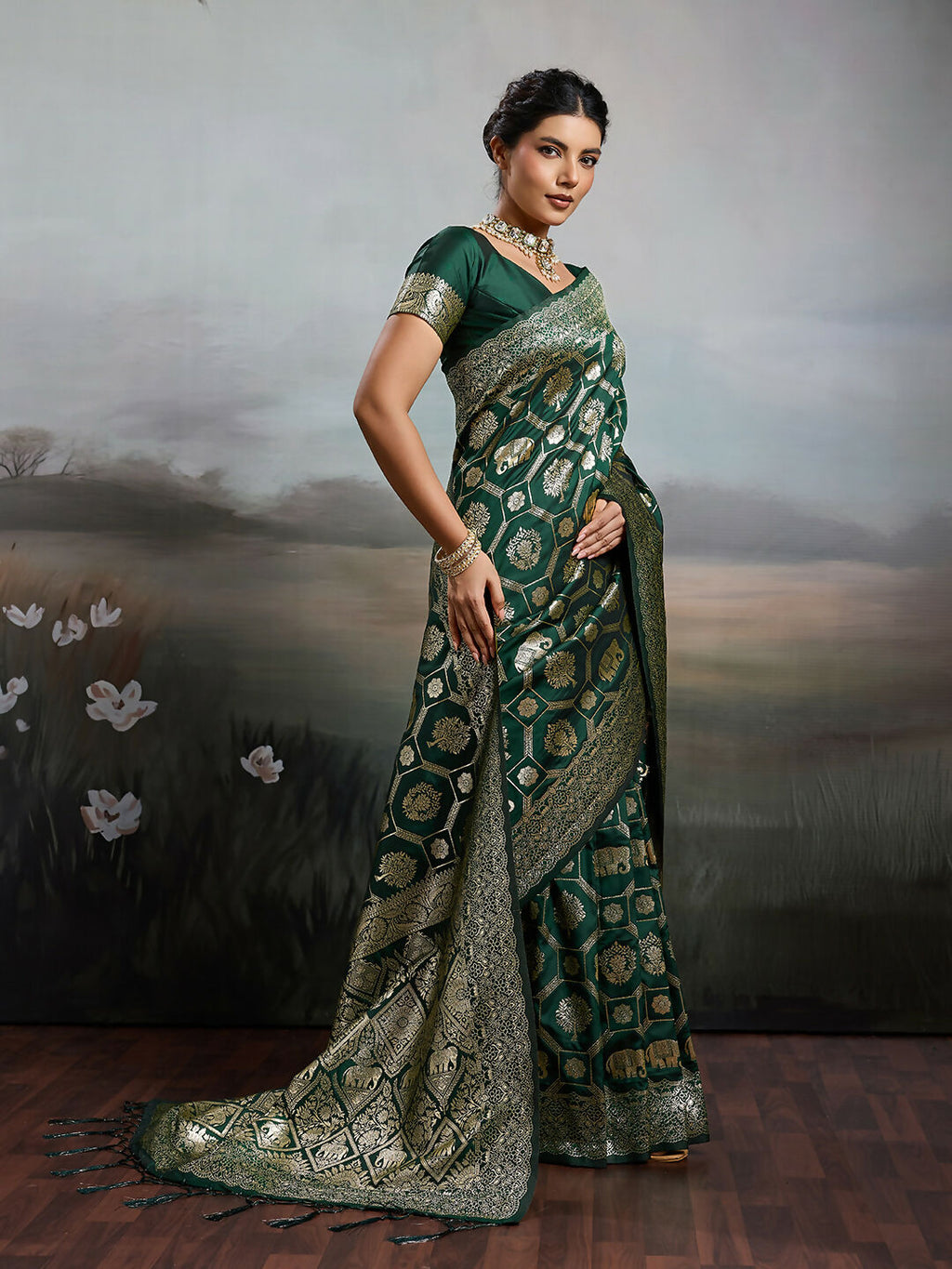 Bottle Green Silk Blend Saree with Matching Blouse Piece
