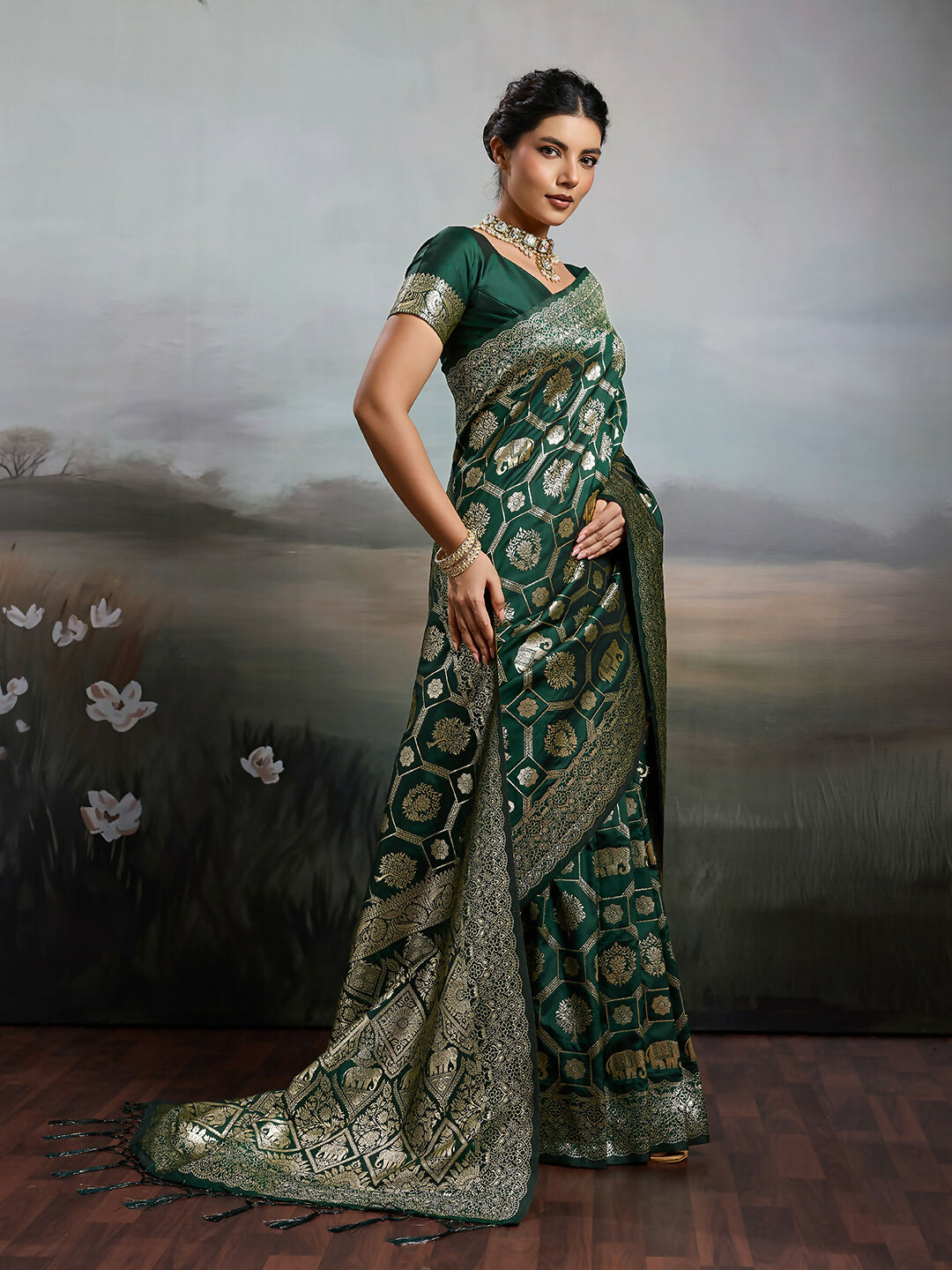 Bottle Green Silk Blend Saree with Matching Blouse Piece