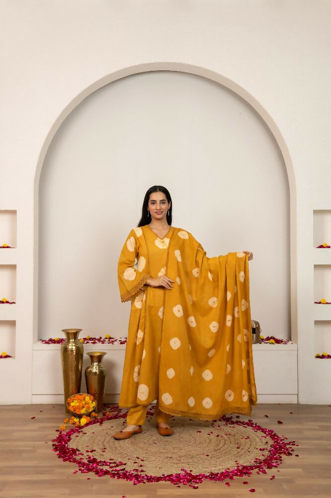Mustard yellow tie and dye print cotton suit set