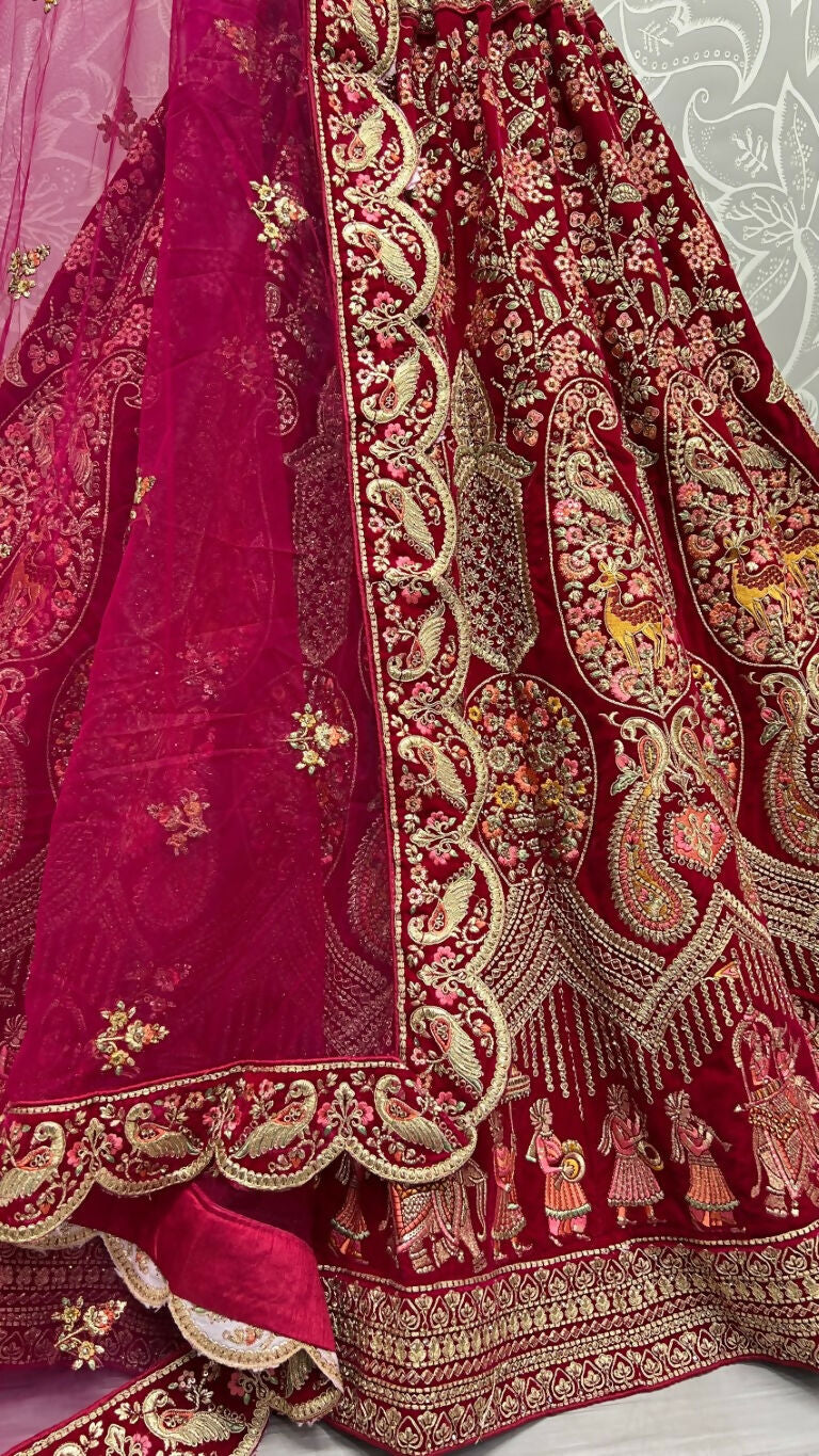 Rani Pink Velvet Zircon Diamond Work Embroidered Wedding Lehenga