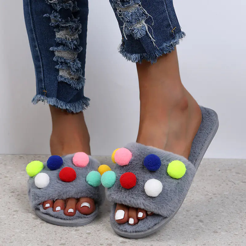 Women's Fluffy Pom Pom Slippers Open Toe House Slides - Image 10