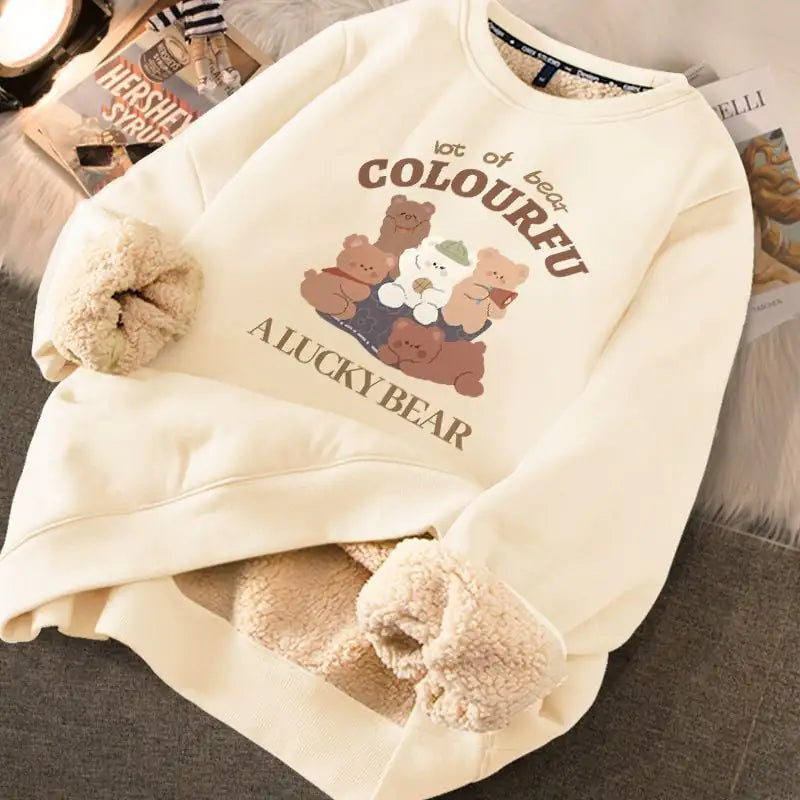 Women's Cream Fleece Lined Graphic Sweater with Cute Bear Print - Image 47