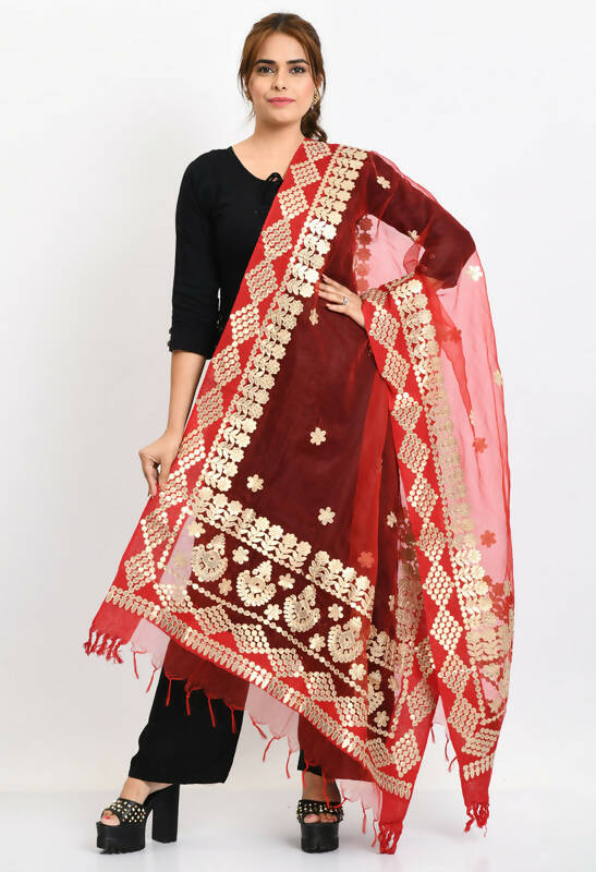 Vibrant red Organza cotton bridal dupatta with detailed gold Gota Patti embroidery
