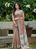 Solid brown linen saree for women with matching blouse piece