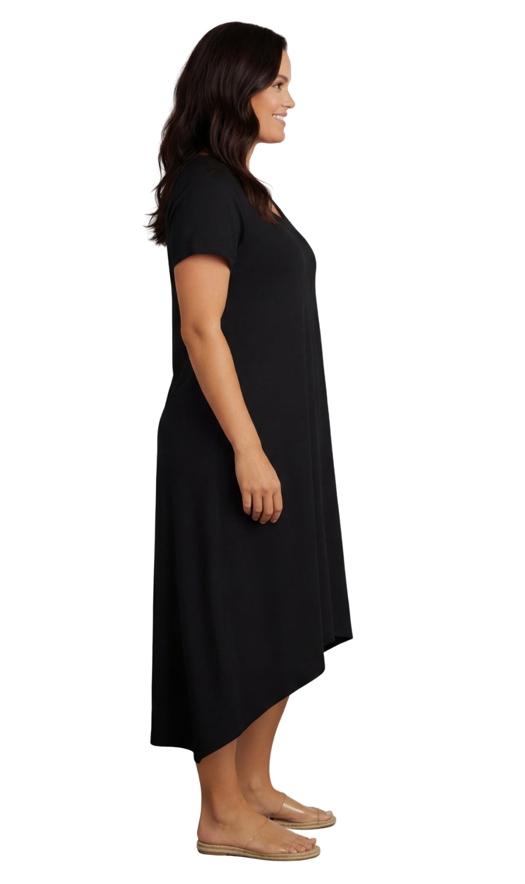 Women's Short Sleeve A-Line Midi Knit Dress with Asymmetrical Hem