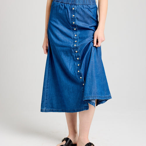 Willow Midi Skirt in Blue Tencel with Button Front - Image 2
