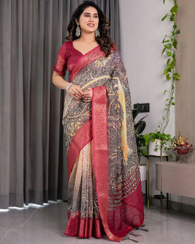 Wine Pure Handloom Linen Saree with Matching Blouse Piece
