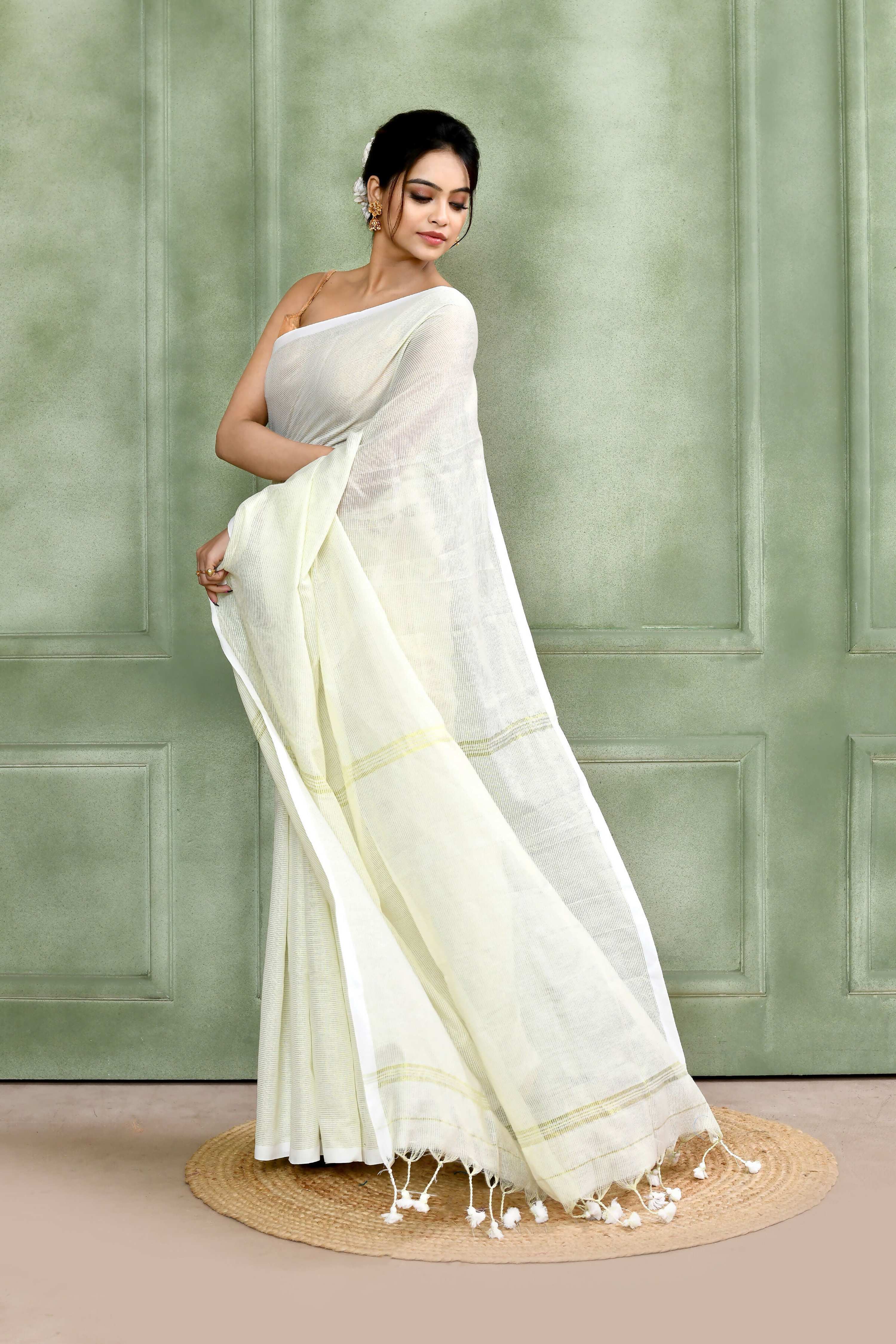 White Embellished Cotton Blend Zari Check Handloom Saree