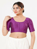 Purple Taffeta Silk front-open blouse with elbow sleeves and round neck