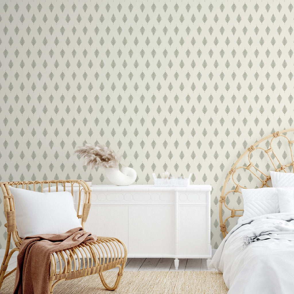 Koa geometric wallpaper in cream and sage-green for coastal home decor.