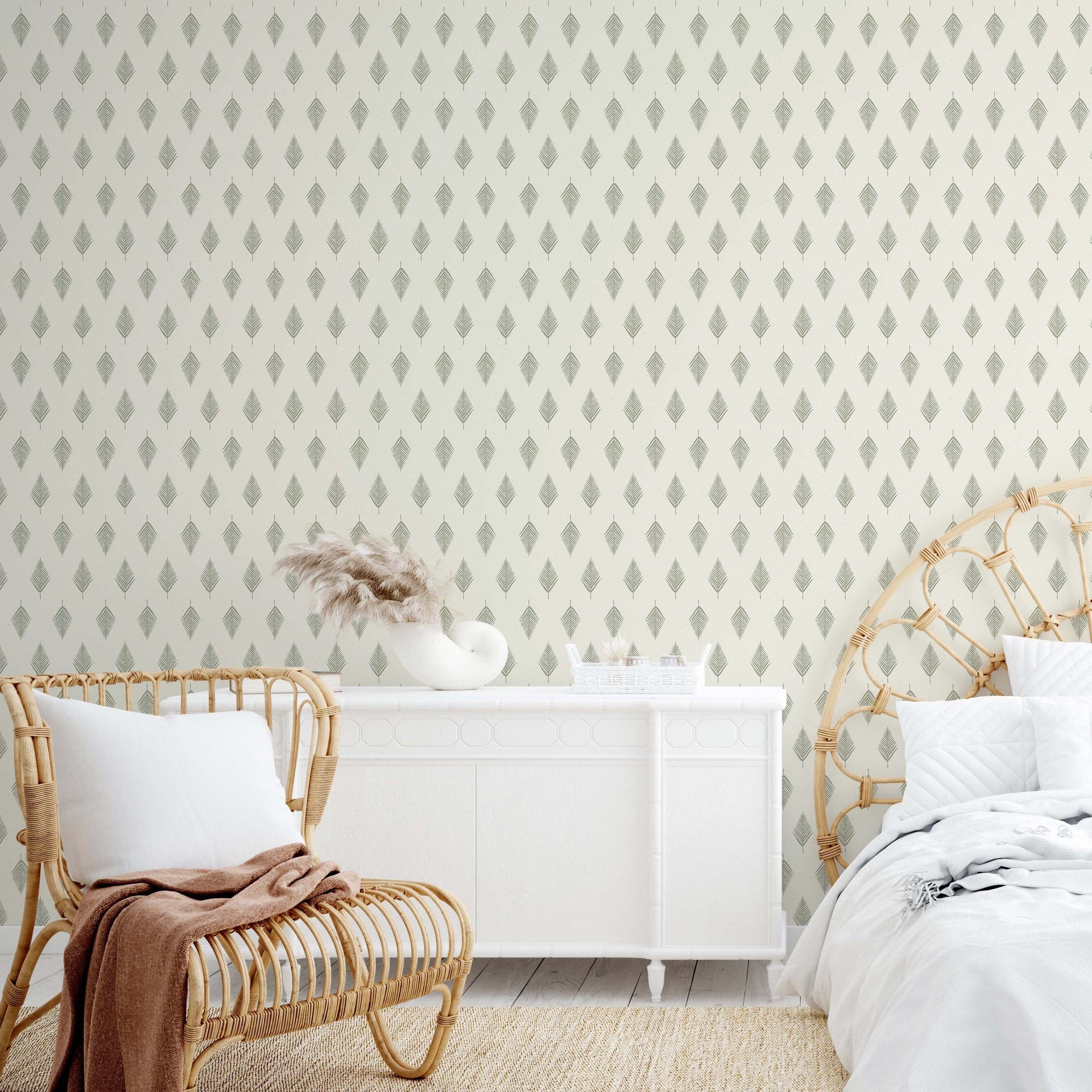Koa geometric wallpaper in cream and sage-green for coastal home decor.