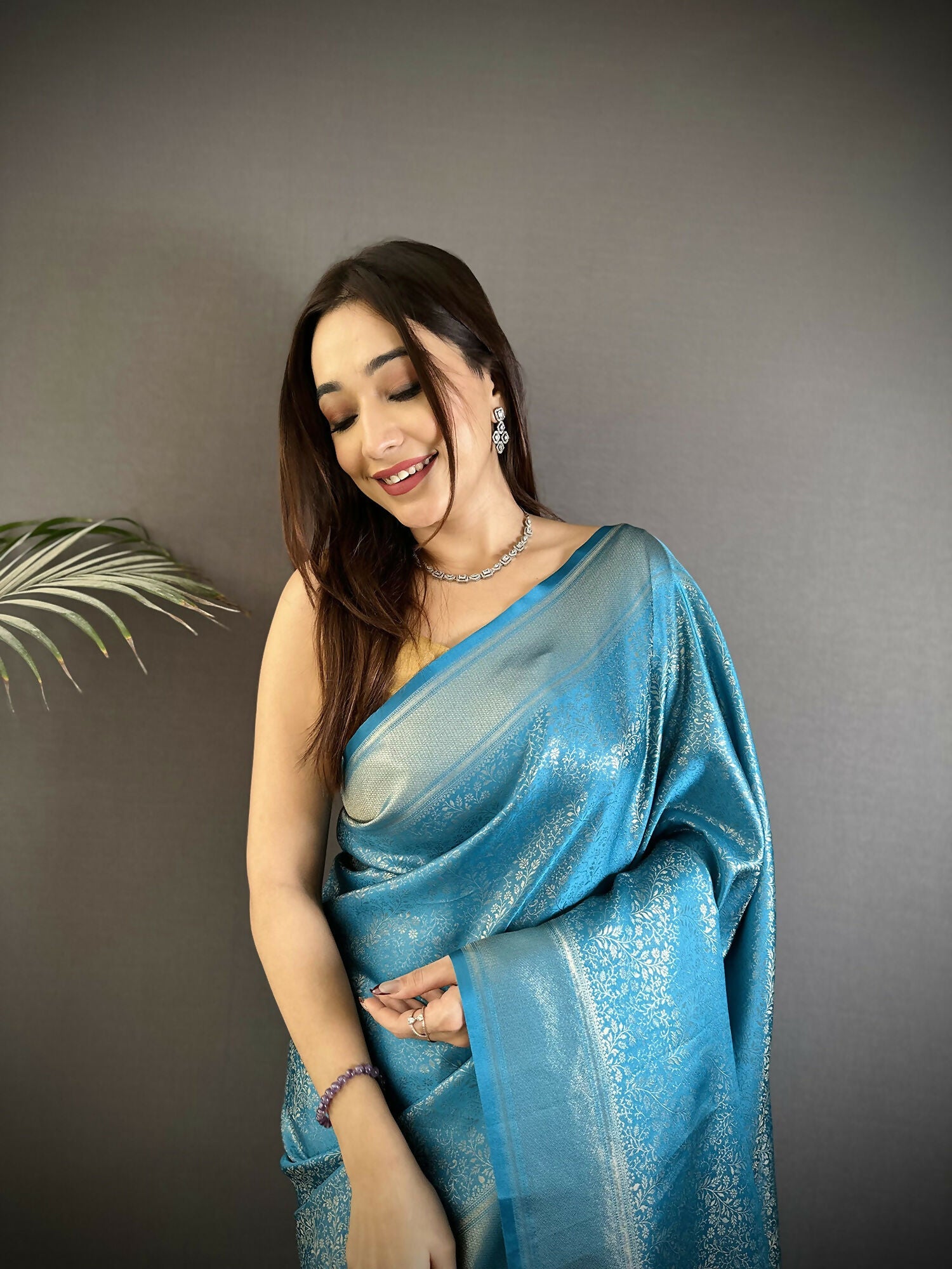 Ocean Blue Floral Motif Soft Satin Silk Kanchipuram Saree