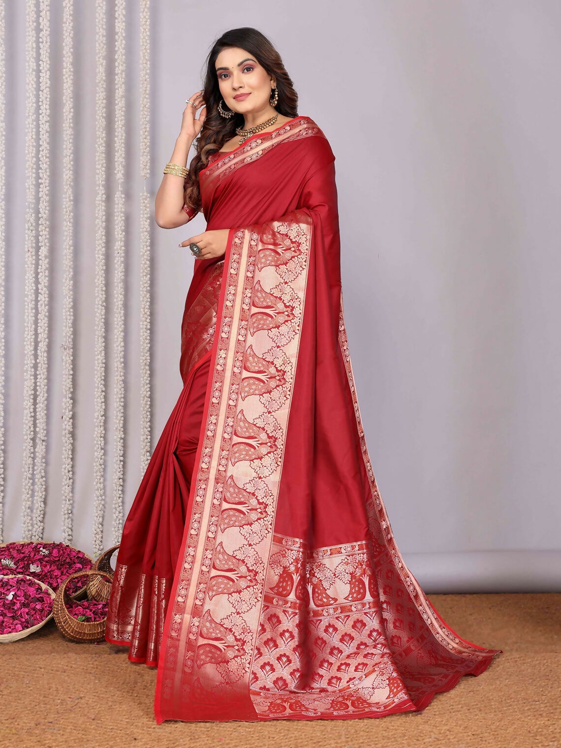 Red Woven Banarasi Soft Silk Saree with Unstitched Blouse