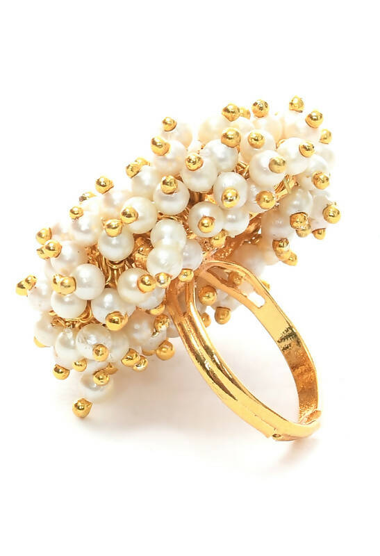 Joharkamal Gold-Polished Off White Bead Bangle and Ring Set