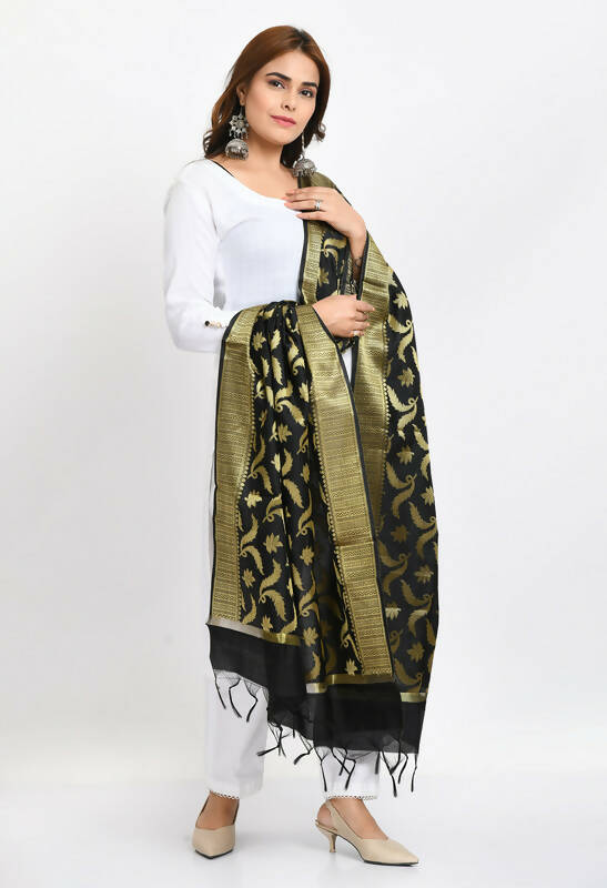 Black Banarasi Silk Floral Woven Design Festive Dupatta