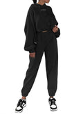 Herseas 2 Piece Lounge Set Outfits for Women 2024 Fall Hooded Long Sleeve Sweatsuits with Jogger Sweatpants Lounge Set Black with Logo Large