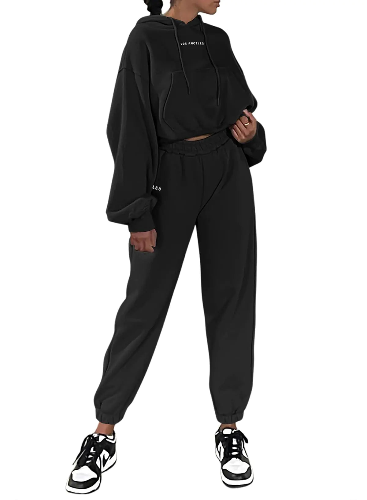 Herseas 2 Piece Lounge Set Outfits for Women 2024 Fall Hooded Long Sleeve Sweatsuits with Jogger Sweatpants Lounge Set Black with Logo Large