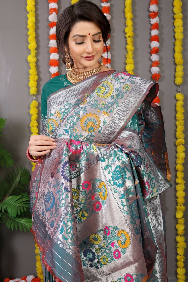 Bottle Green Banarasi Silk Zari Woven Saree with Matching Blouse