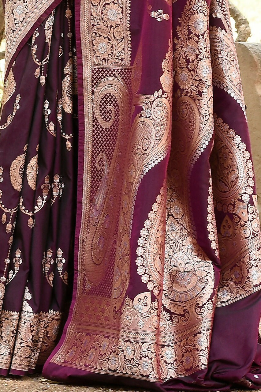 Wine Banarasi Soft Pure Handloom Banarasi Silk Saree