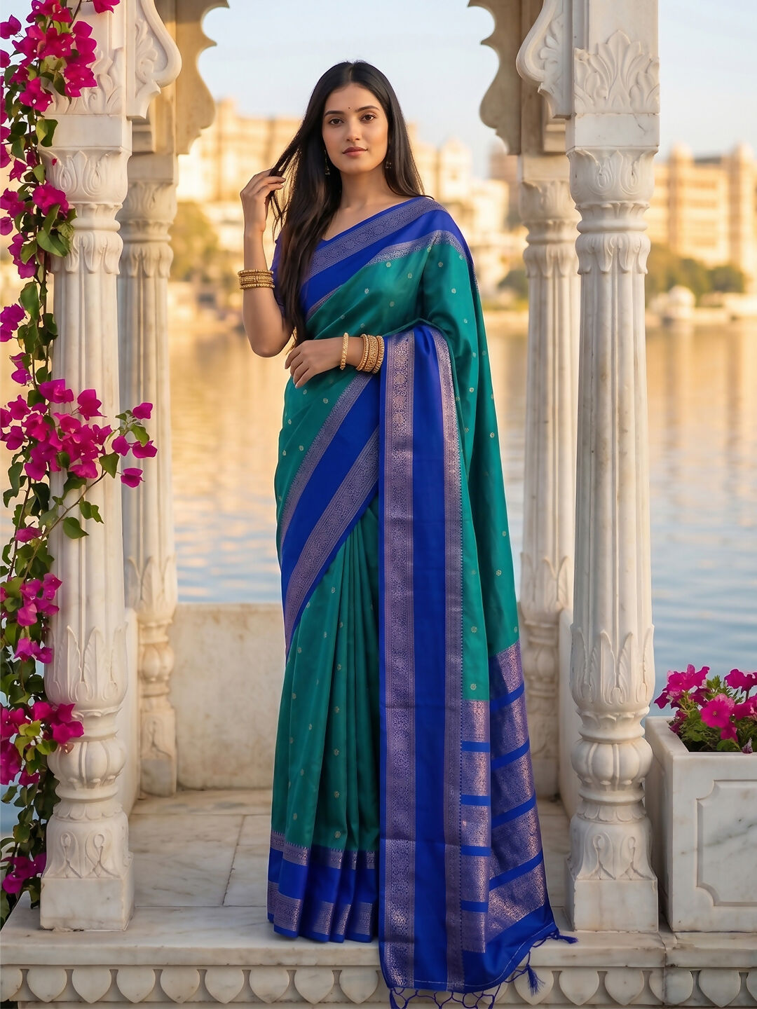 Elegant Rama colored silk blend saree with matching blouse fabric