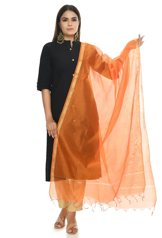 Orange Chanderi fabric dupatta with Banarasi piping detail draped elegantly