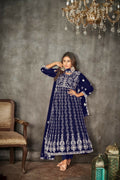 Blue net embroidered Anarkali kurta set with floor-length design