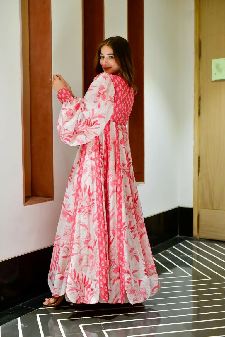 Women's Pink Floral Digital Print Cotton Silk Floor Length Anarkali