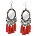 Red silk thread and oxidized silver mirror earrings for traditional fashion