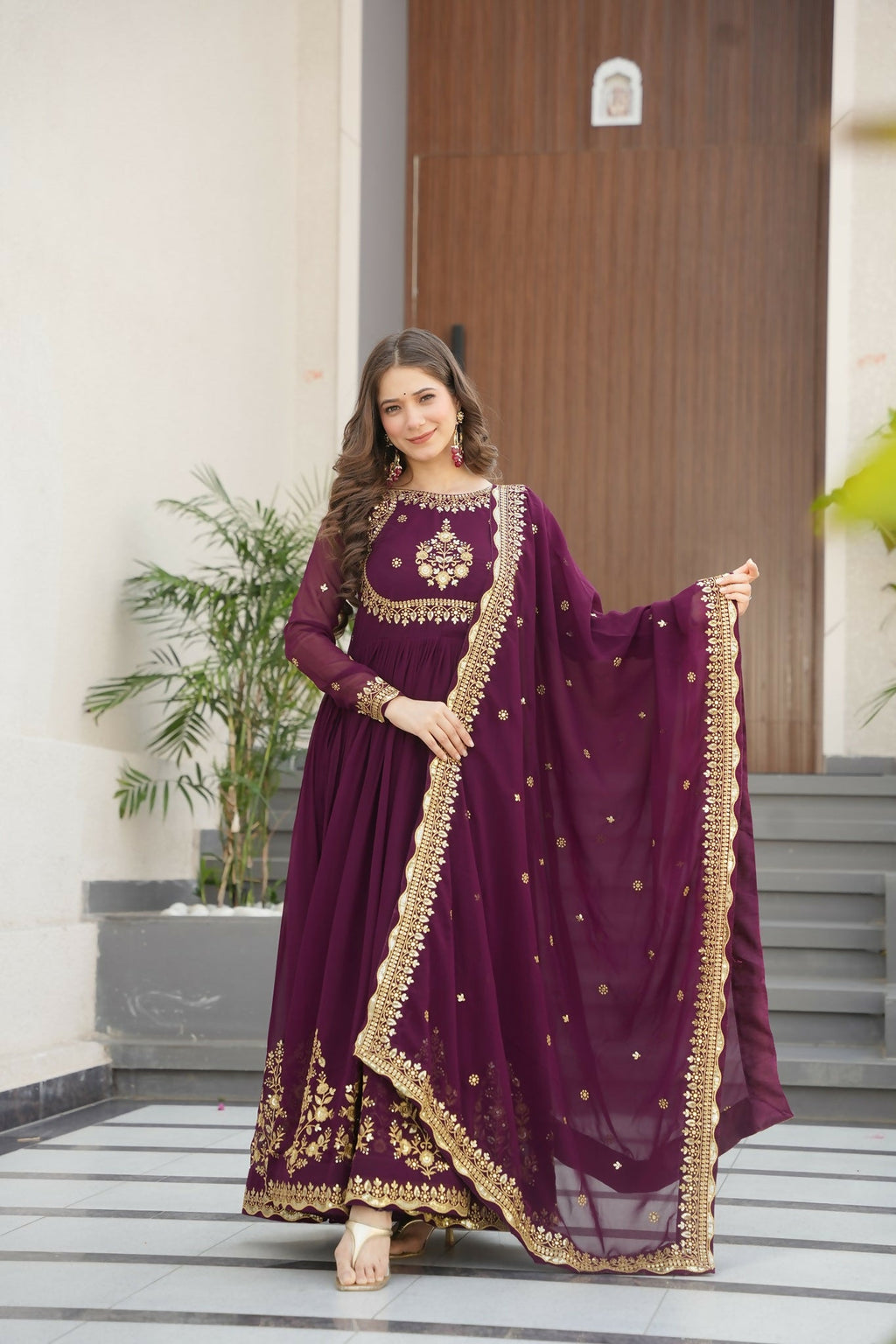 Joban Fashion Wine Georgette Sequence Embroidery Work Kurta Set