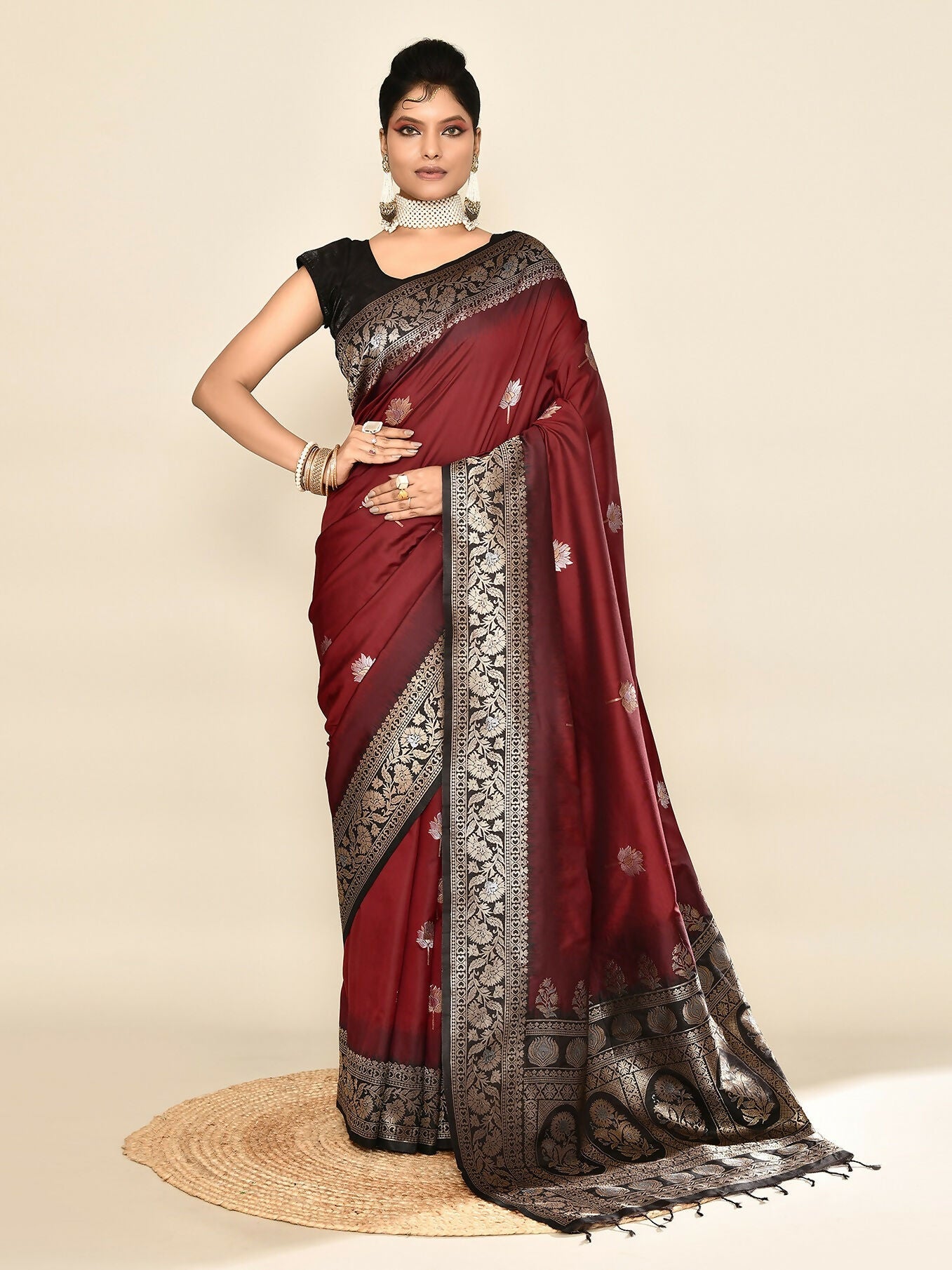 Maroon and Black soft silk Banarasi saree with elegant weaving border