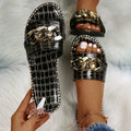 Women's Croc-Embossed Flat Slide Sandals with Gold Chain Detail