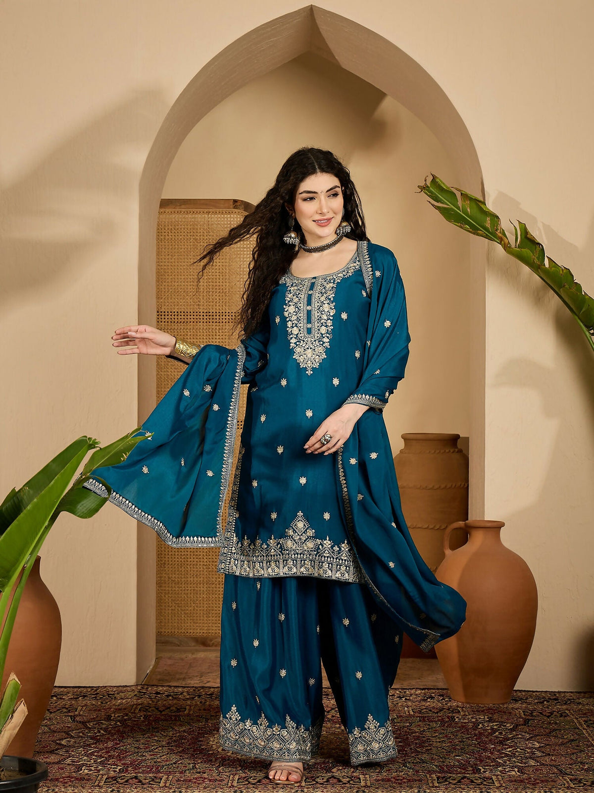 Teal Chinon Silk Embroidered Kurta Set for Festive Occasions