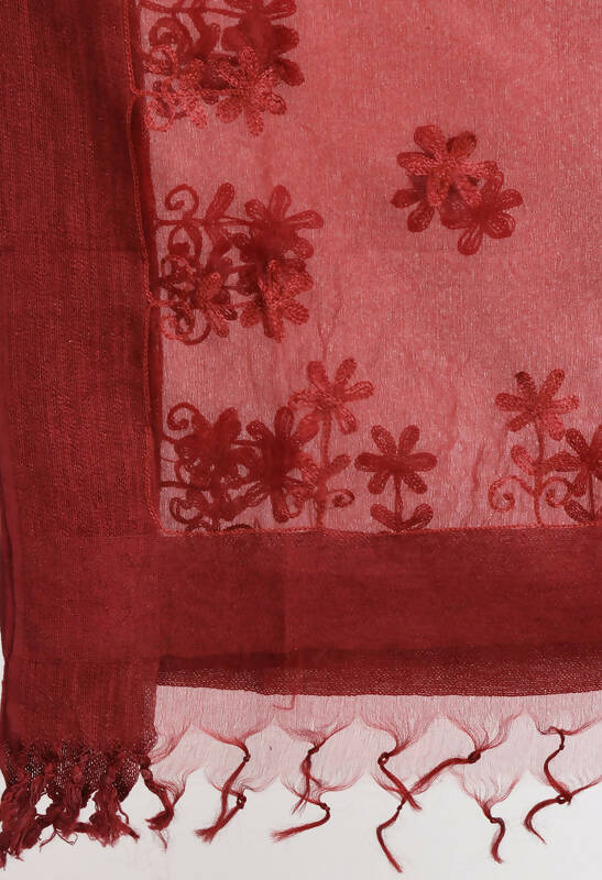 Maroon Organza Chikan Work Women's Dupatta with Floral Embroidery