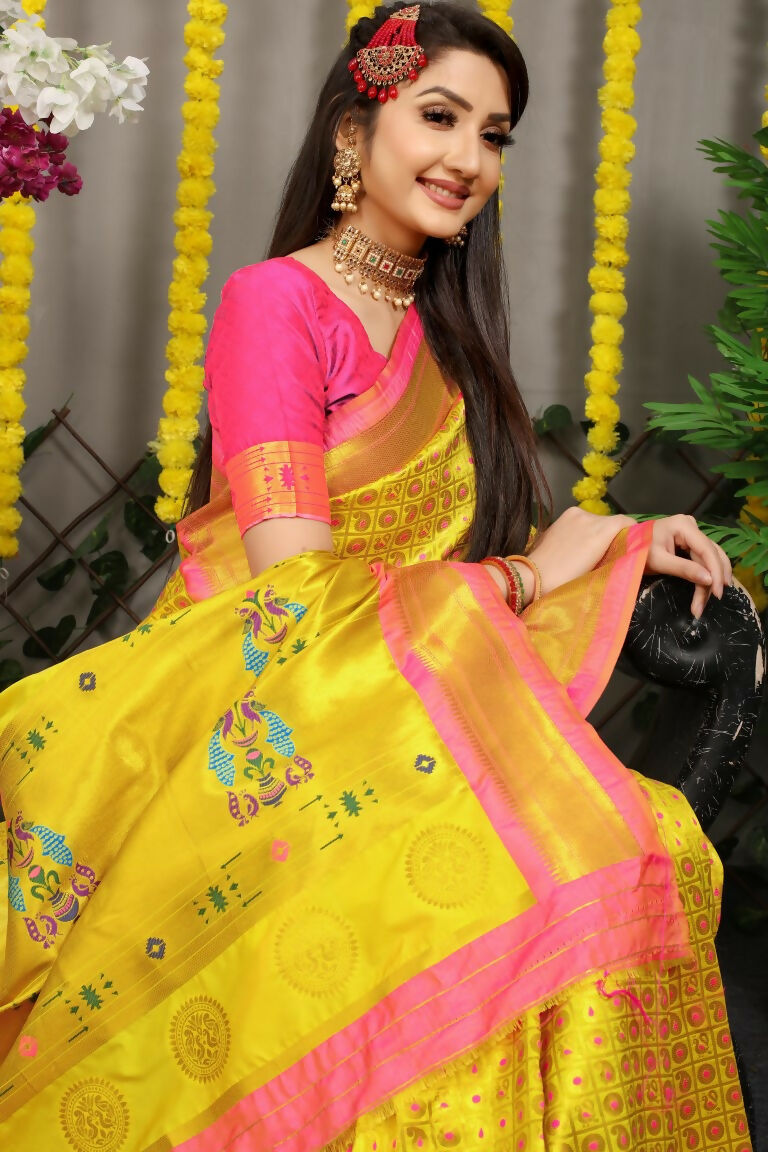 Yellow Banarasi Silk Saree with Contrast Pink Blouse & Zari Work