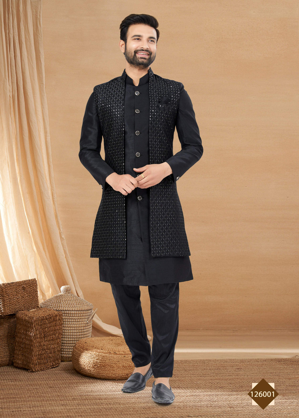 Men's Black Heavy Art Silk Indowestern Set with Matching Jacket