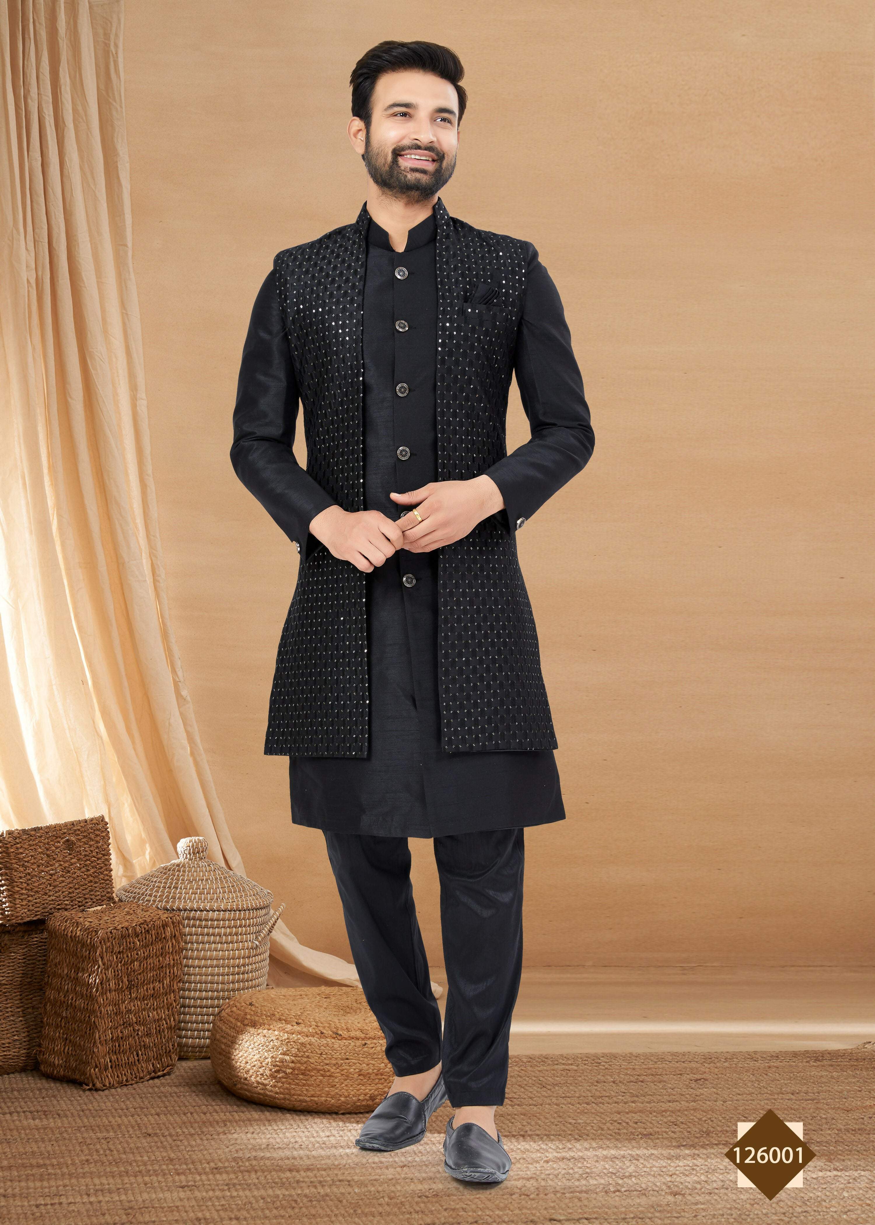 Men's Black Heavy Art Silk Indowestern Set with Matching Jacket