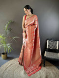 Elegant peach flower jall pattern soft silk Banarasi saree with matching blouse