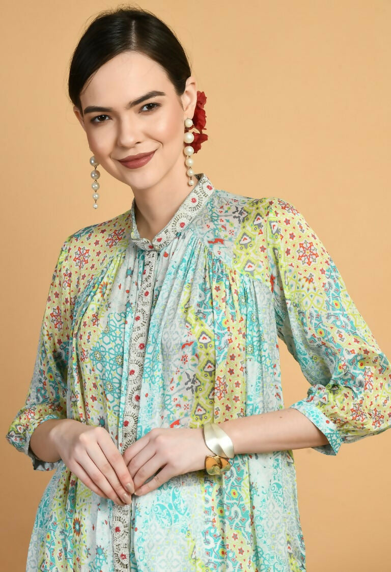 Mint Green Chiffon Midi Kurta Set with Geometric Print
