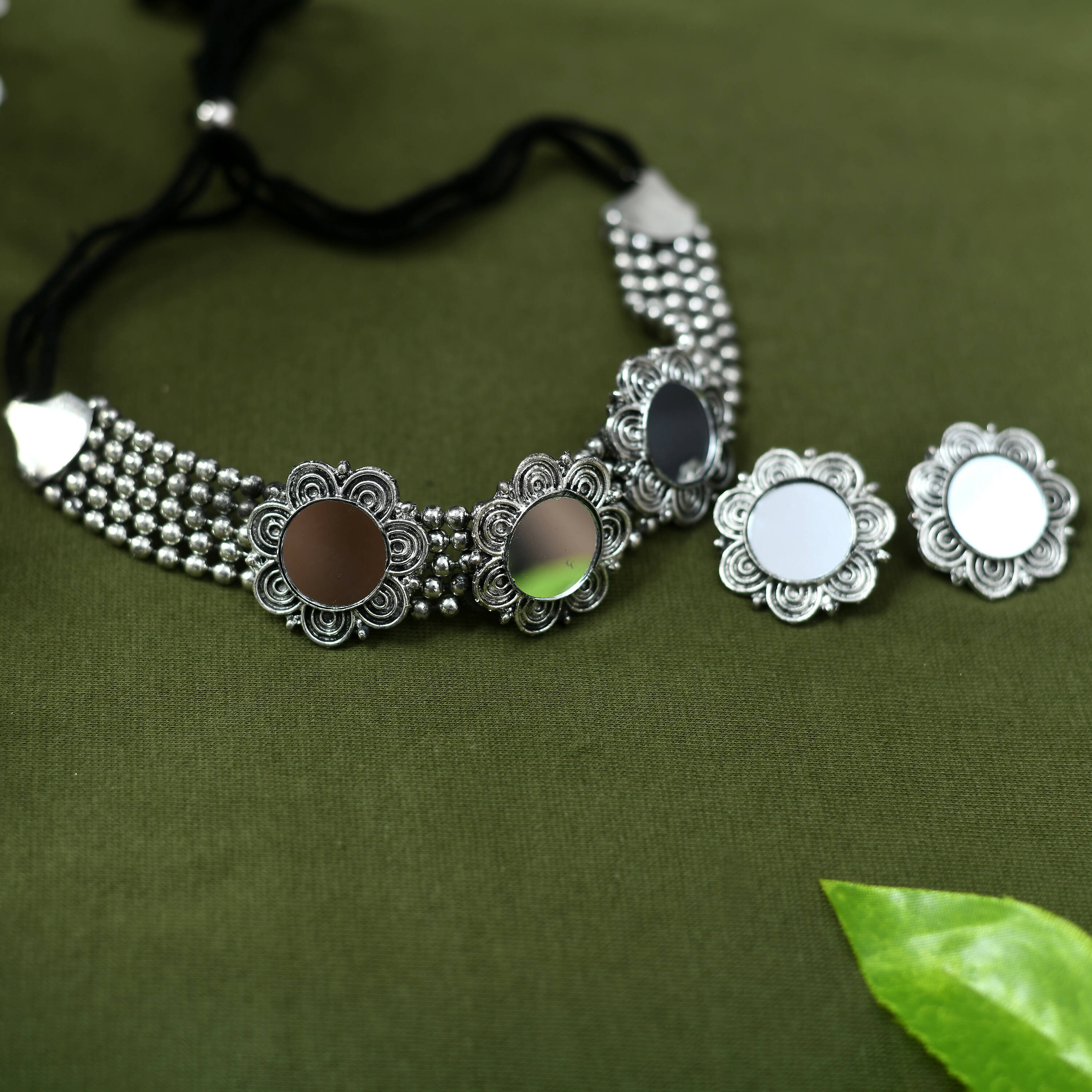 Oxidised silver-plated choker necklace featuring traditional mirror work design