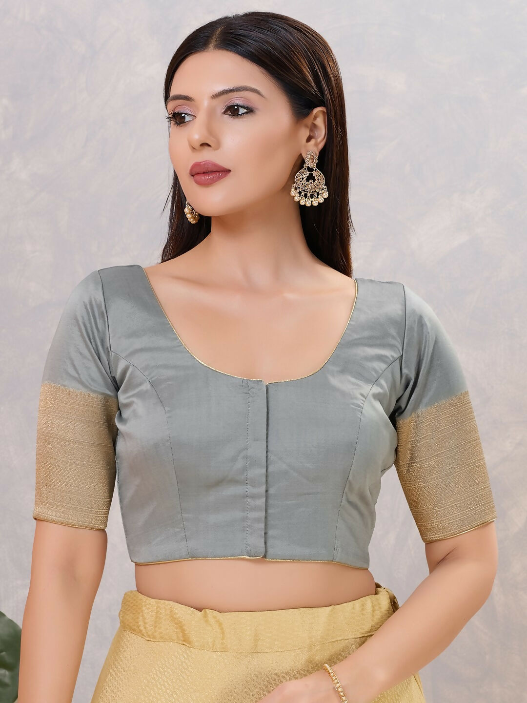 Women's grey silk round neck stitched blouse
