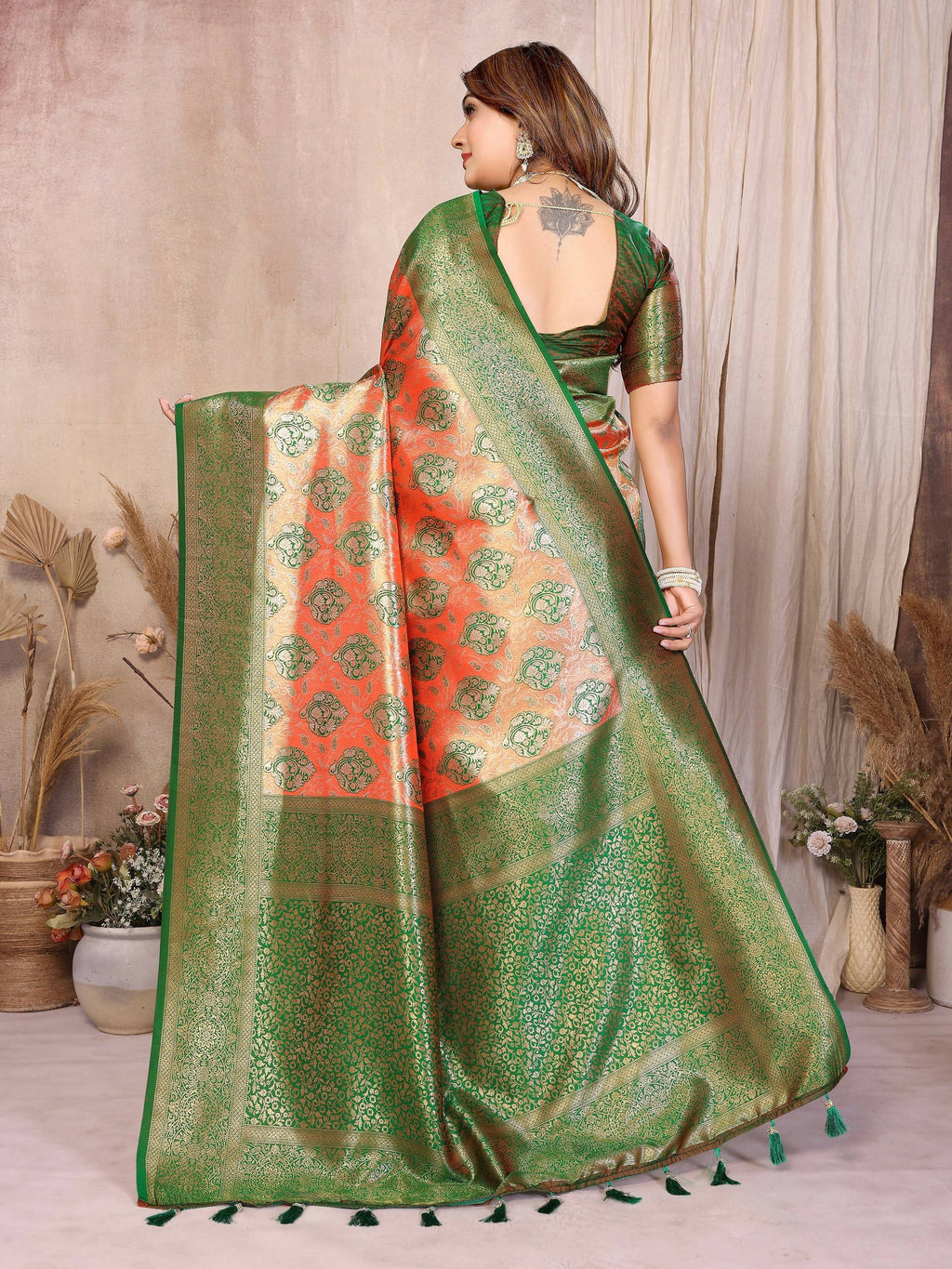 Red Banarasi Tissue Silk Saree with Traditional Weaving