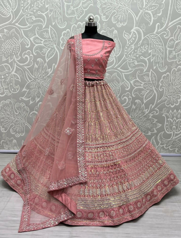 Pink heavy net lehenga choli with rainbow sequins and diamond embroidery for wedding