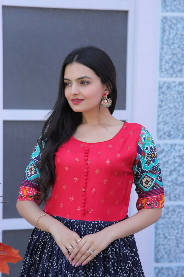 Navy Blue Dola Silk Anarkali Dress with Patola and Foil Print