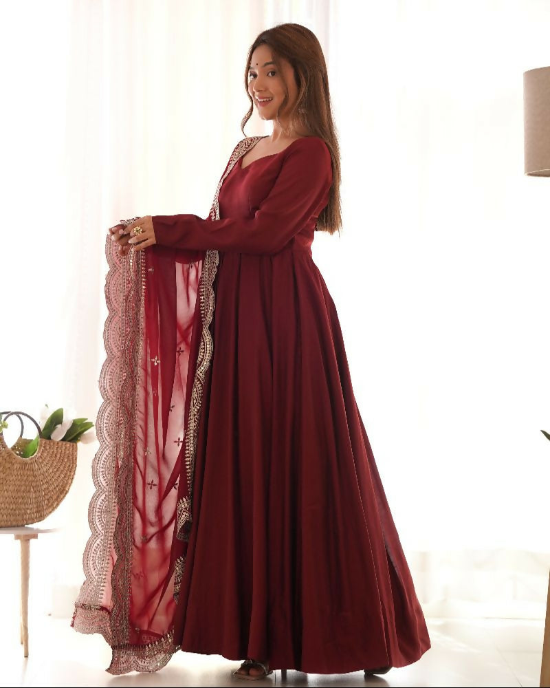 Maroon Chanderi kurta set with sequence embroidery work and Georgette dupatta