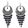 Long drop Chandbali earrings with oxidized silver finish and black beads