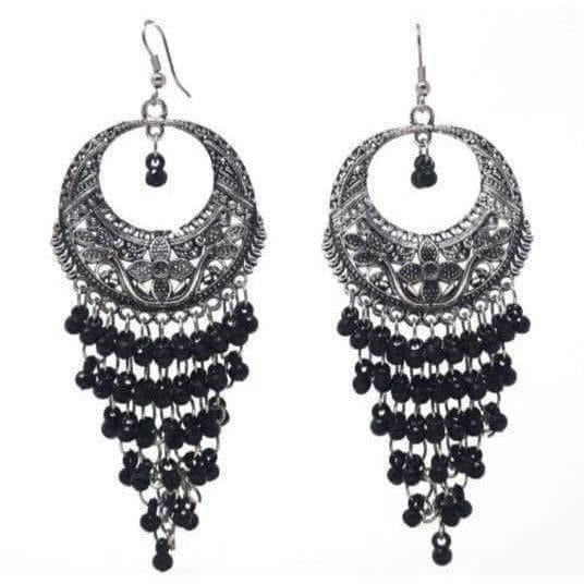 Long drop Chandbali earrings with oxidized silver finish and black beads