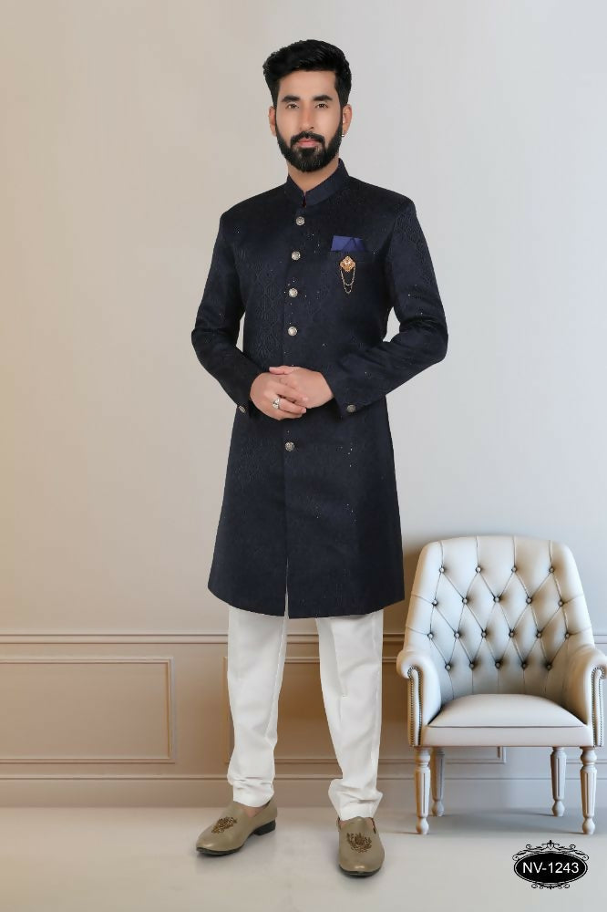 Navy blue Indo-Western kurta with sequence embroidery for boys