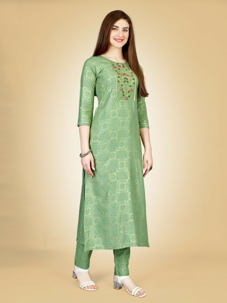Women's Sea Green Embroidered Viscose Rayon Kurta Pant Set