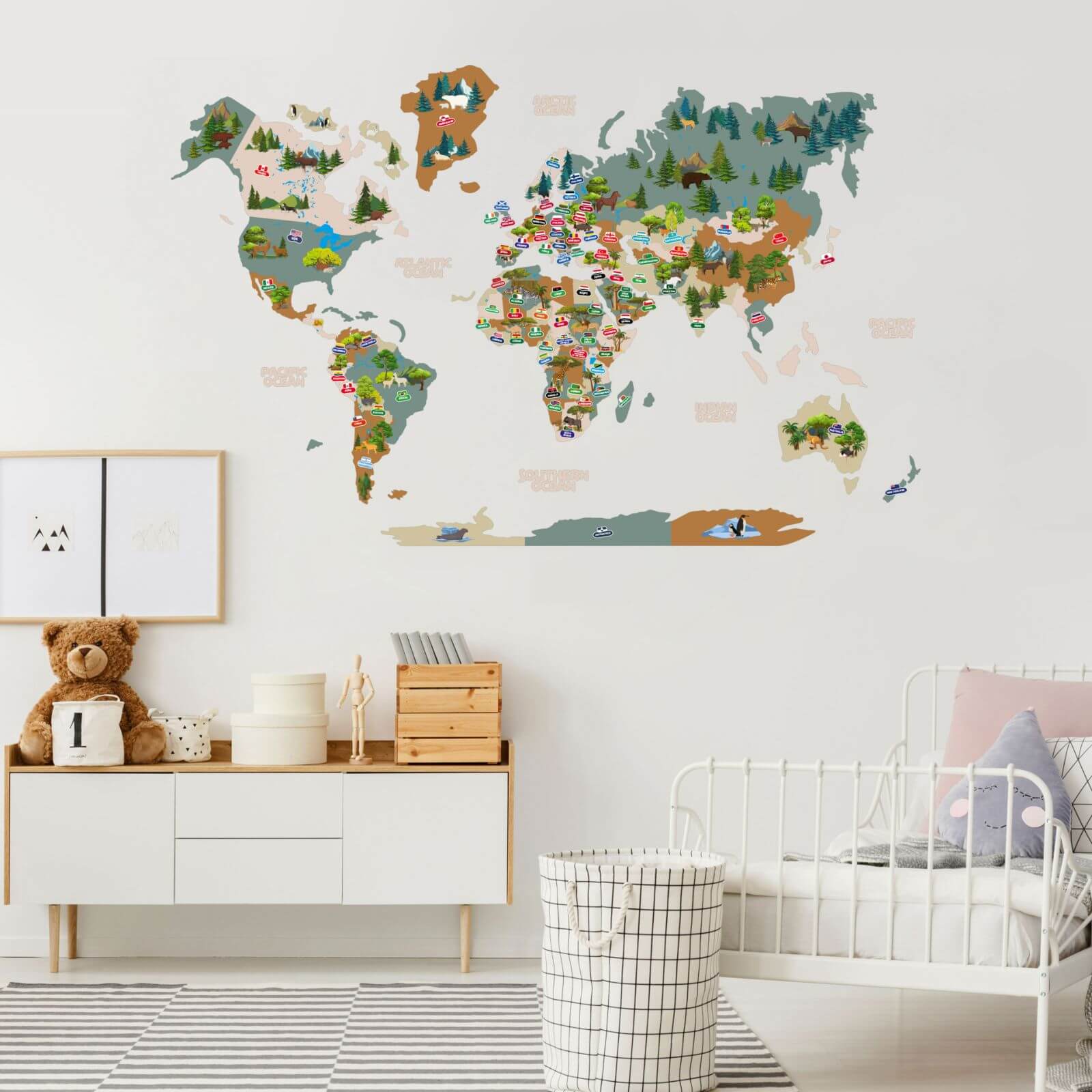 Interactive Kids World Map Wall Art in Khaki for Nursery Decor